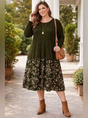 New York & Company olive green floral Dress